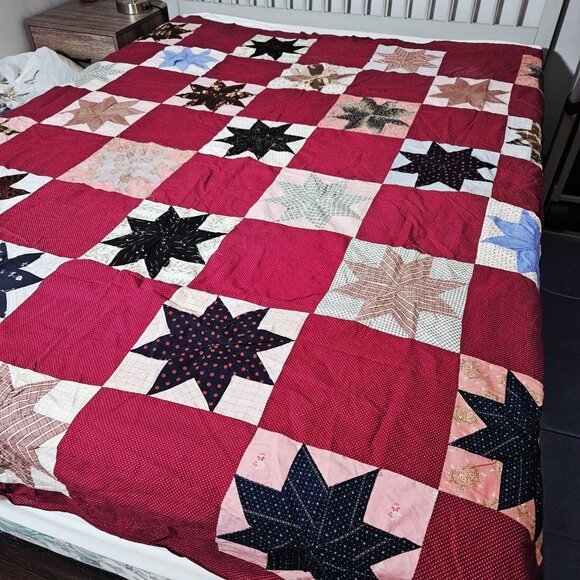Handmade Patchwork Quilt Top ONLY 85x74 Red Eight Point Lone Star Blocks Calico - Picture 5 of 11